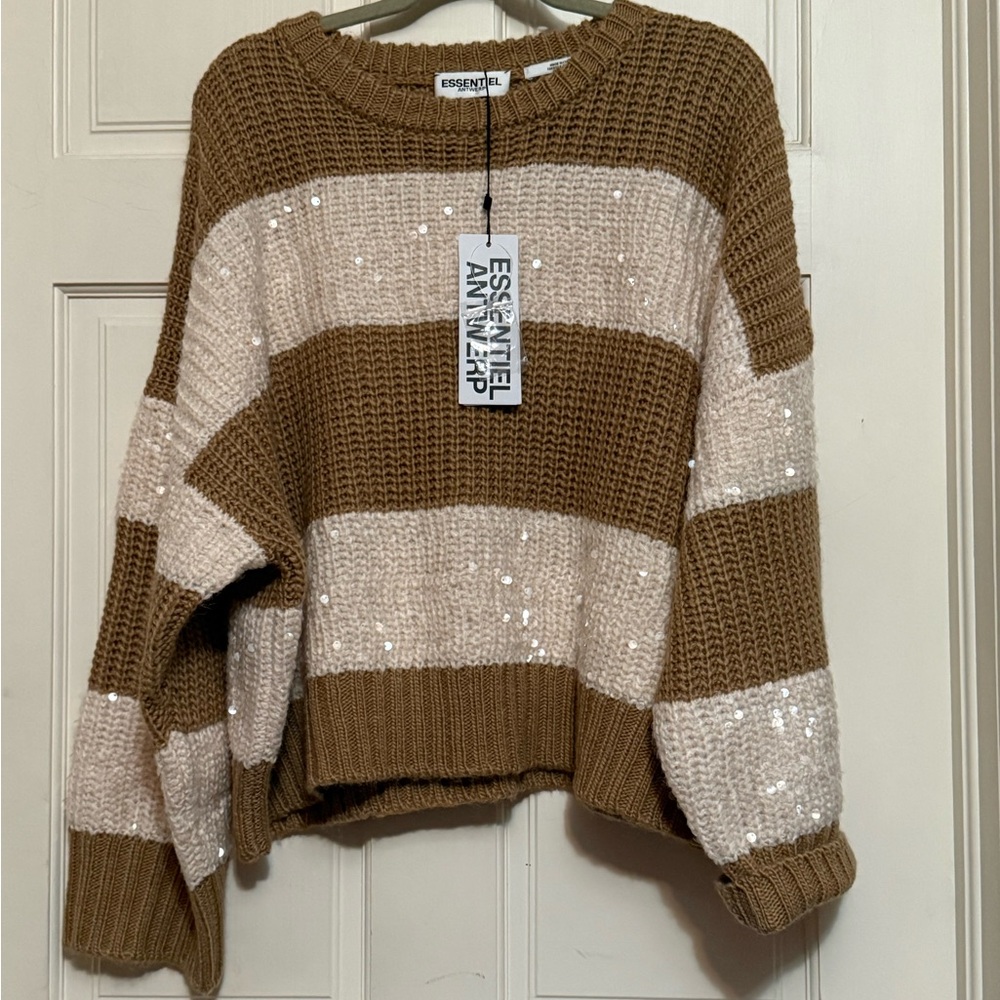 Brown and Cream Striped Sequin Knit Sweater